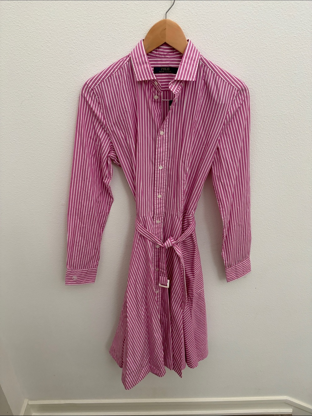 NWT Polo by Ralph Lauren Pink Preppy and White Striped Tie-Waist Shirt Dress 8